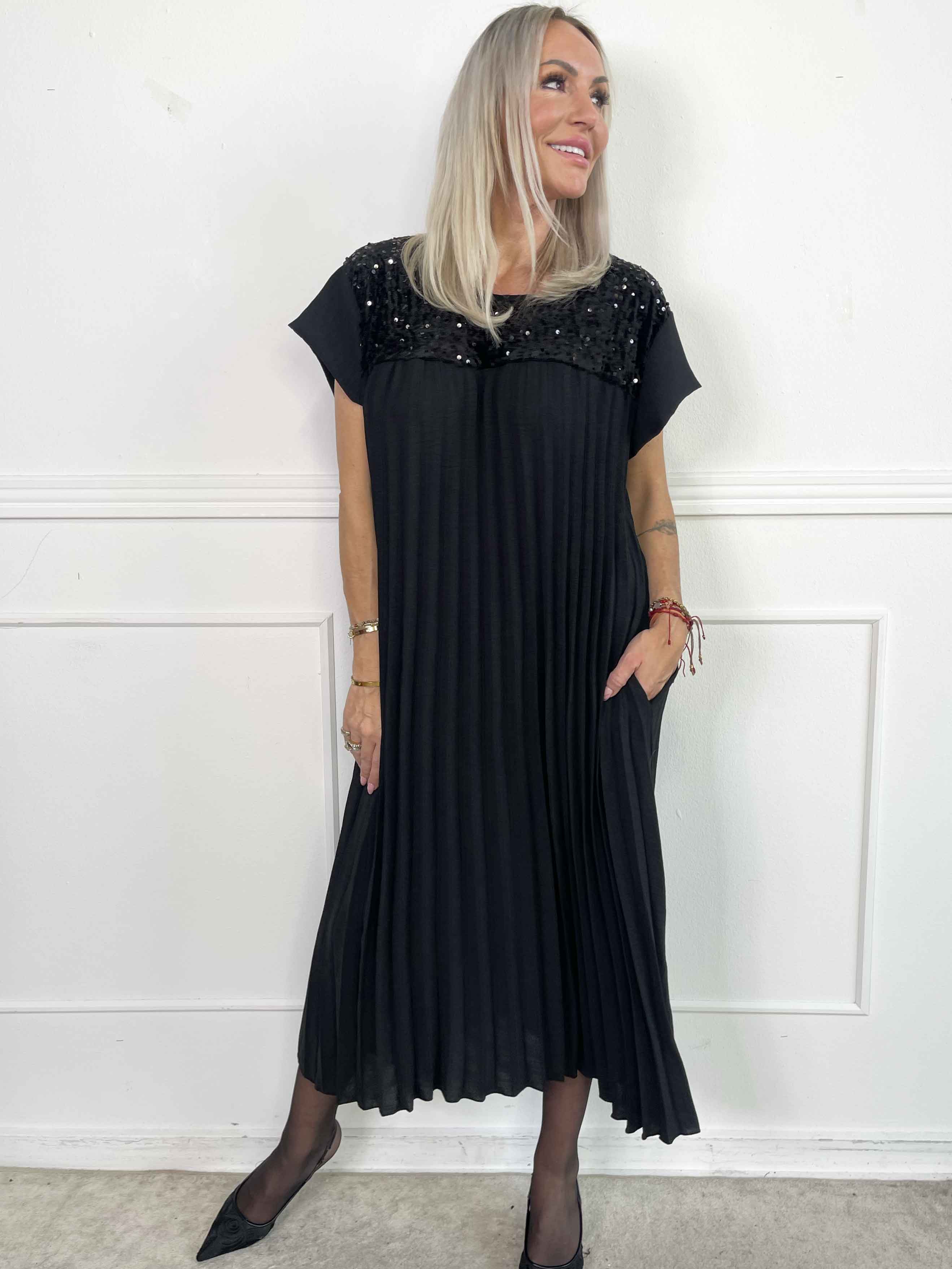 Nancy Party - Lang plisseret kjole med pailletter og velour